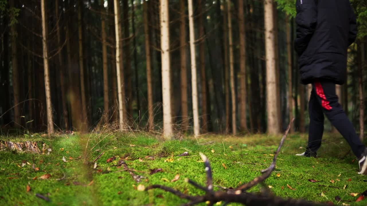hombre caminando por un paisaje forestal para relajarse y tomar un poco de aire fresco