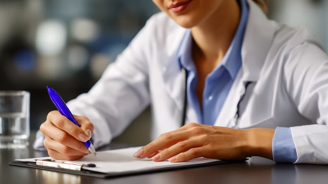 A focused healthcare professional diligently writes notes on a clipboard while seated at a desk, showcasing concentration and commitment to patient care in a clinical environment