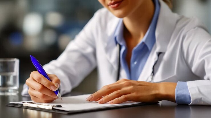 Un professionista sanitario concentrato prende diligentemente appunti su un blocco note mentre è seduto a una scrivania, dimostrando concentrazione e impegno per la cura del paziente in un ambiente clinico