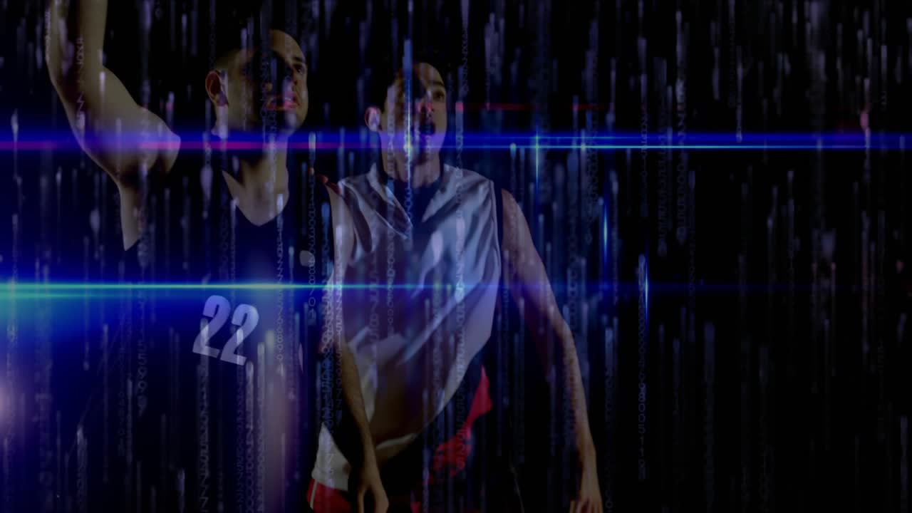 Two players leaping contesting scoring as shooter releasing ball to hoop blue flares raining sports
