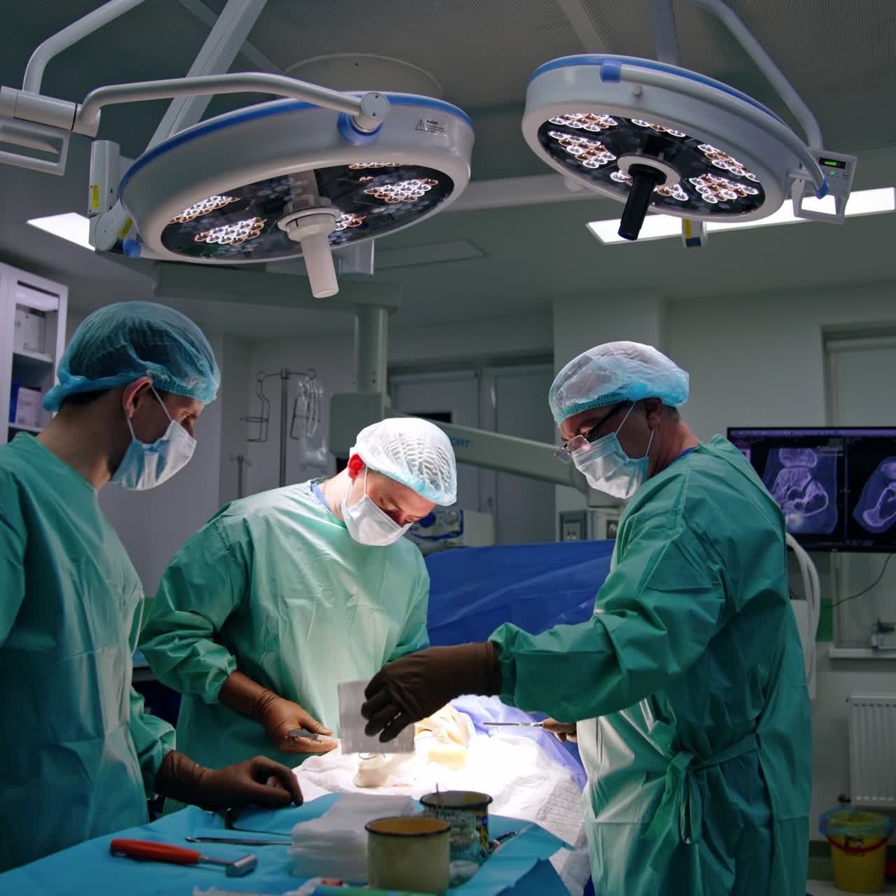 Surgeons operate patient's foot in modern operational theatre. Screen with MRI scan of operated area at backdrop