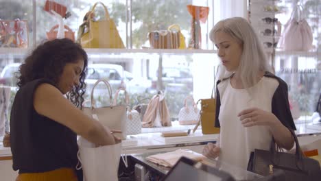 friendly shop cashier folding clothes and packing paper bag