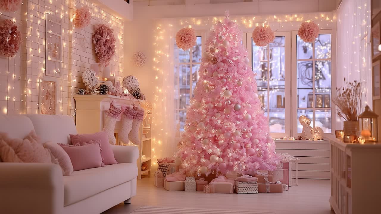 Un incantevole paese delle meraviglie invernale con un albero di Natale rosa, decorato con ornamenti delicati e luci scintillanti, per creare un’atmosfera festiva e accogliente