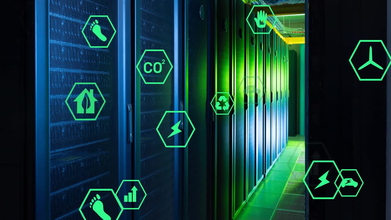 Animation of ecology icons over server room