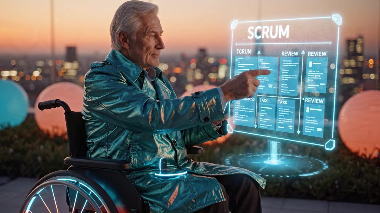 A senior individual in a luminous coat utilizes futuristic technology on a balcony, demonstrating the synergy of innovation and experience during sunset.