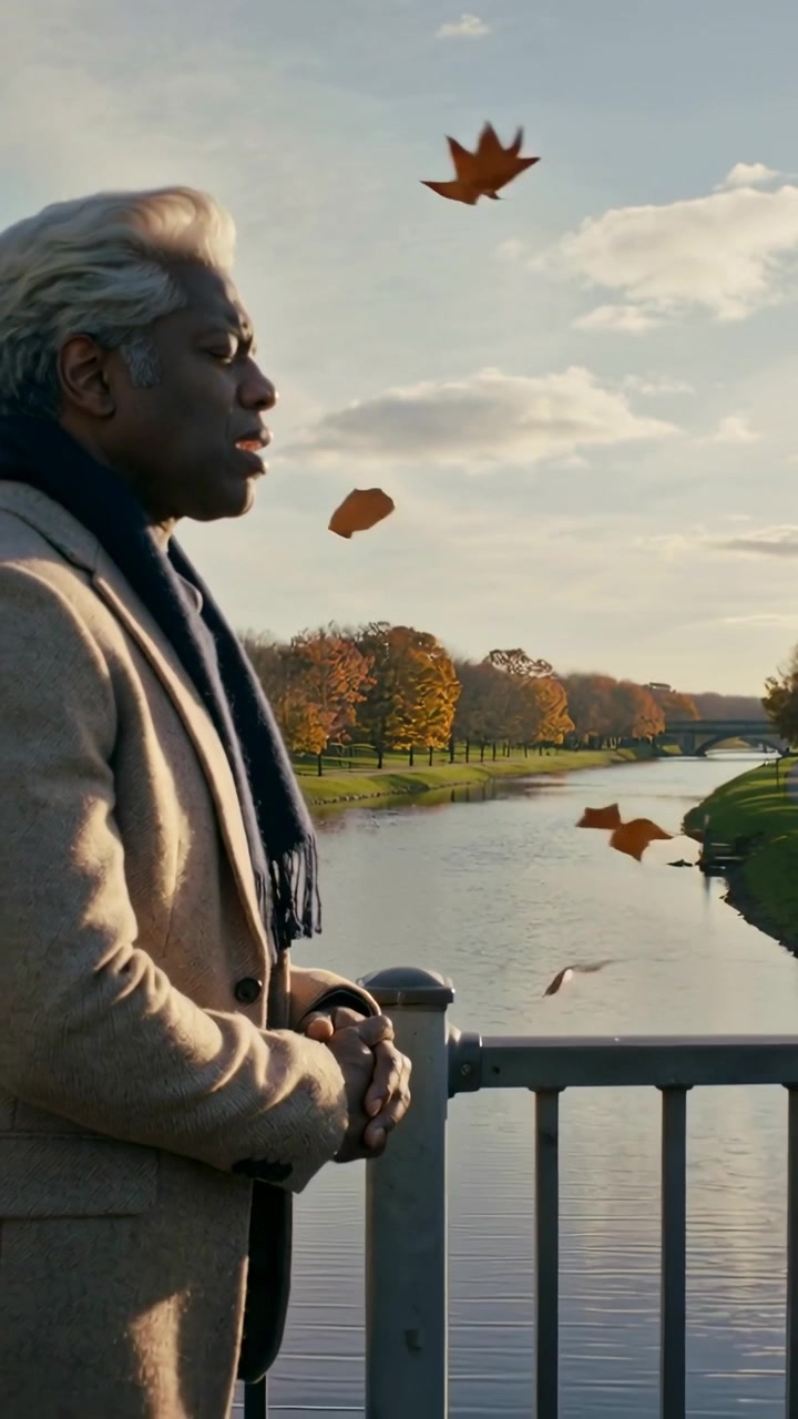 Vertical video: Leaning man in coat at railing watching river as breeze lifting leaves, copy space