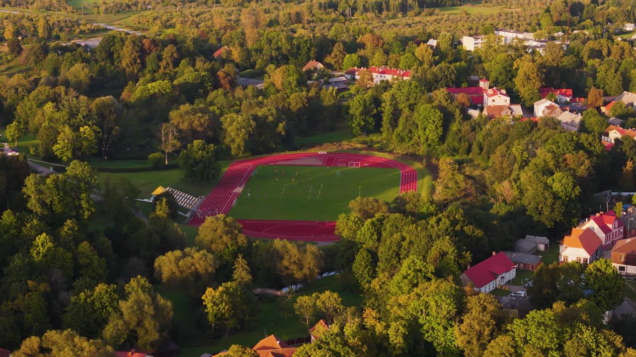 Aizpute township football field, aerial drone view