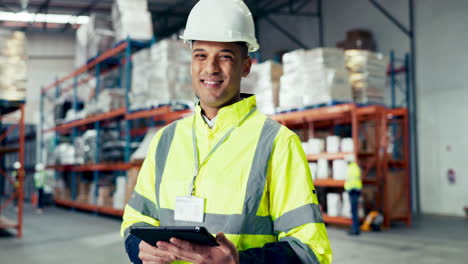 Man,-industrial-warehouse-and-tablet