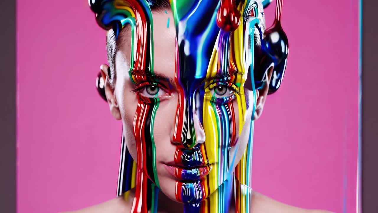 Colorful paint dripping down a model's face creates a vibrant and artistic portrait against a pink backdrop, showcasing beauty and creativity
