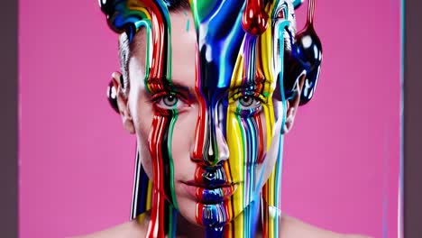 colorful paint dripping down a model's face creates a vibrant and artistic portrait against a pink backdrop, showcasing beauty and creativity