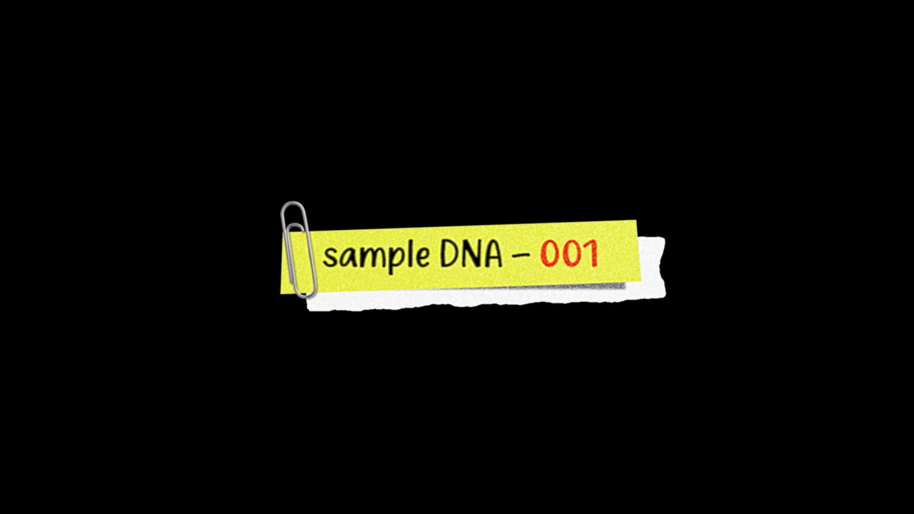 Post-it giallo animato con il testo 'Campione DNA - 001'