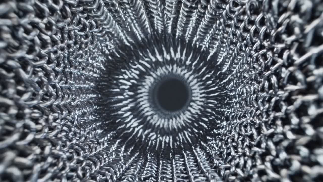Close-up view of intricate metallic chain pattern spiraling inward, showcasing dynamic texture and depth in a mesmerizing motion sequence, highlighting the flow of the material