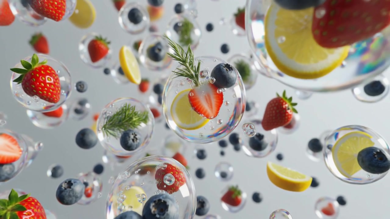 Fresh Fruit and Herbs Floating Inside Transparent Water Bubbles