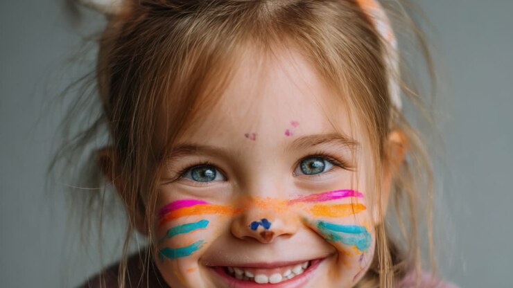Un bambino gioioso con il viso dipinto di colori che sorride raggiante, emanando felicità e innocenza in un momento commovente catturato nel tempo