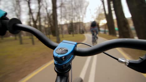 Vista-Desde-El-Manillar-Mientras-Conduce.-Conducir-Bicicleta-Por-La-Carretera-Asfaltada-Del-Parque