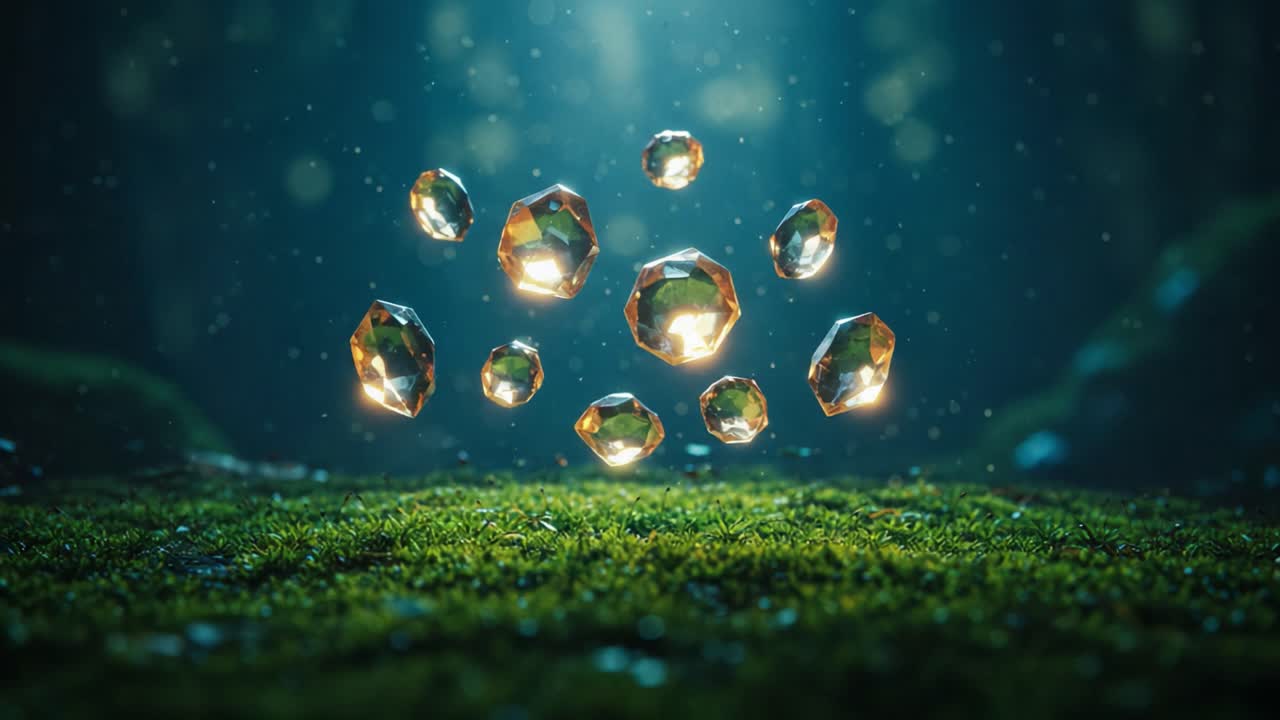 A Magical Display of Glimmering Crystals Floating Above a Lush, Mossy Forest Floor, Capturing the Enchantment of Nature and Mystique in Motion