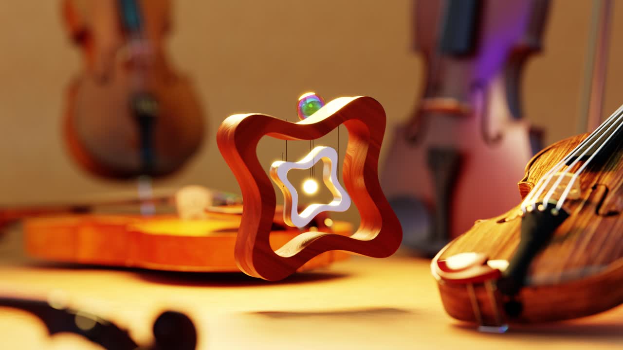 3D rendering of ball rolling on wooden gear near musical instruments
