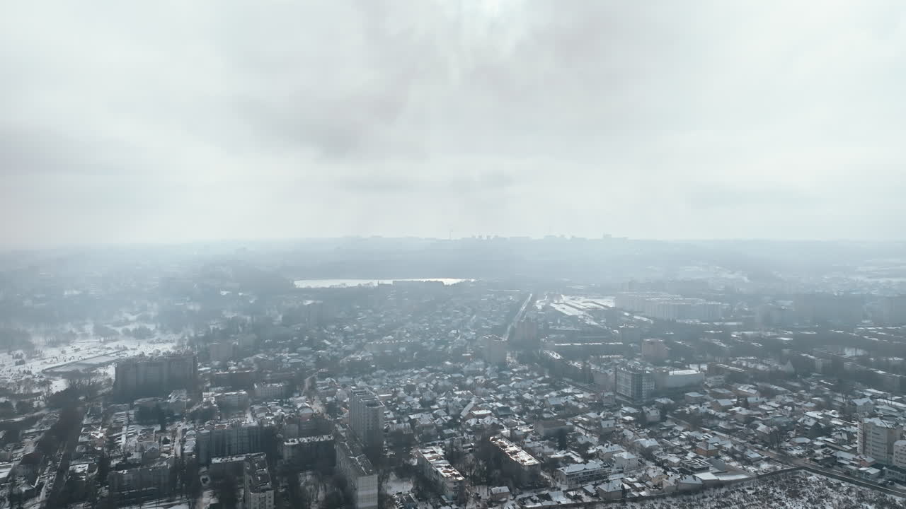 Aerial drone view of Chisinau city covered in snow. Winter in Moldova