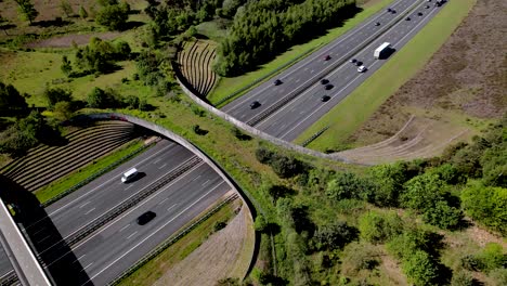 Steady-ascending-aerial-of-freeway-traversed-by-wildlife-crossing-for-animals-to-migrate-between-conservancy-areas-revealing-a-bike-bridge-besides