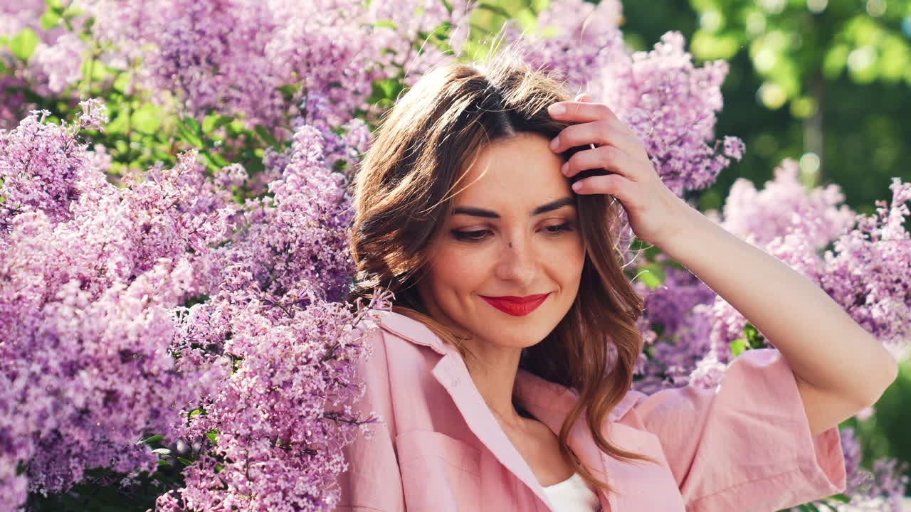 mujer con una camisa rosa posando entre lilas