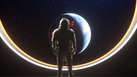 astronaut observing earth through a portal in space