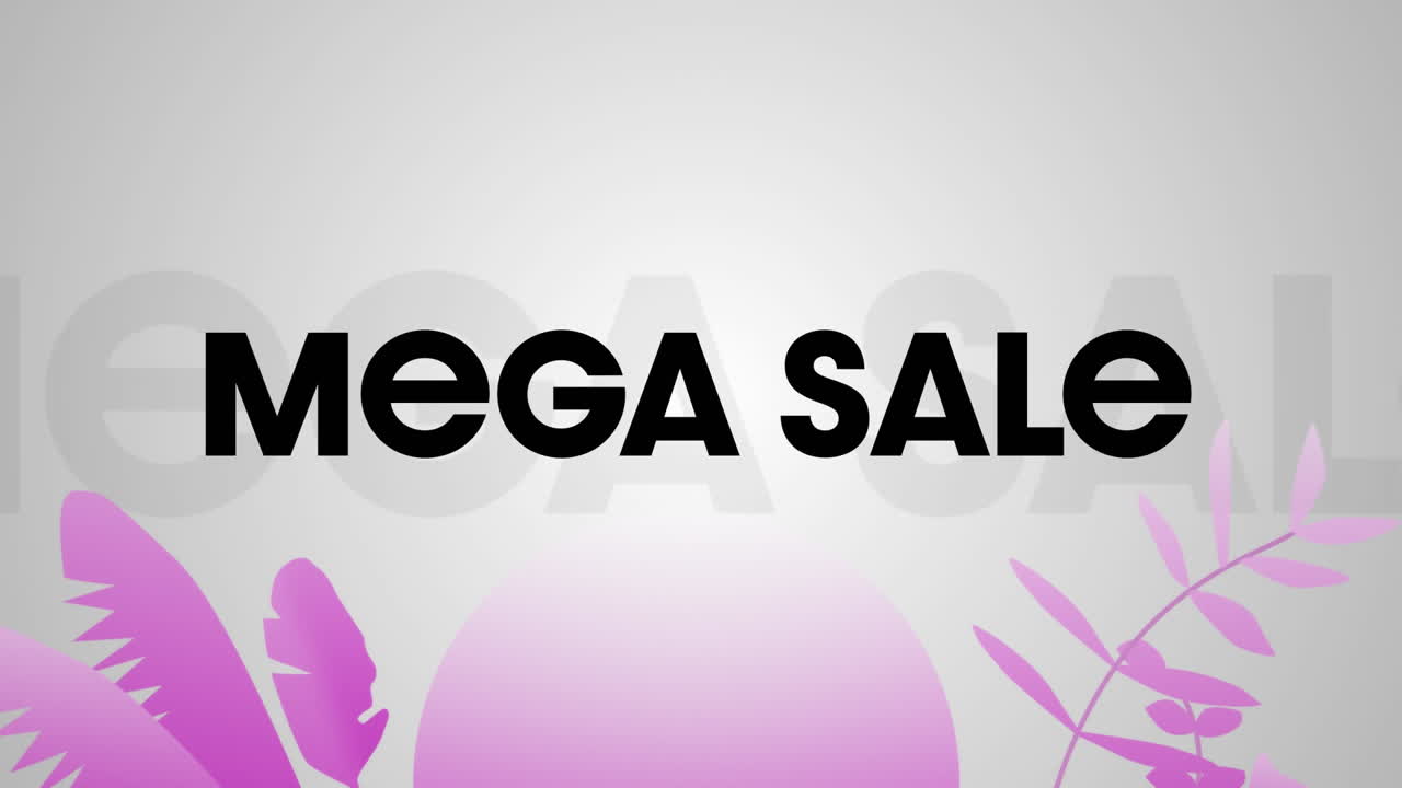 Animation of black text mega sale, with pink foliage shapes moving on grey background