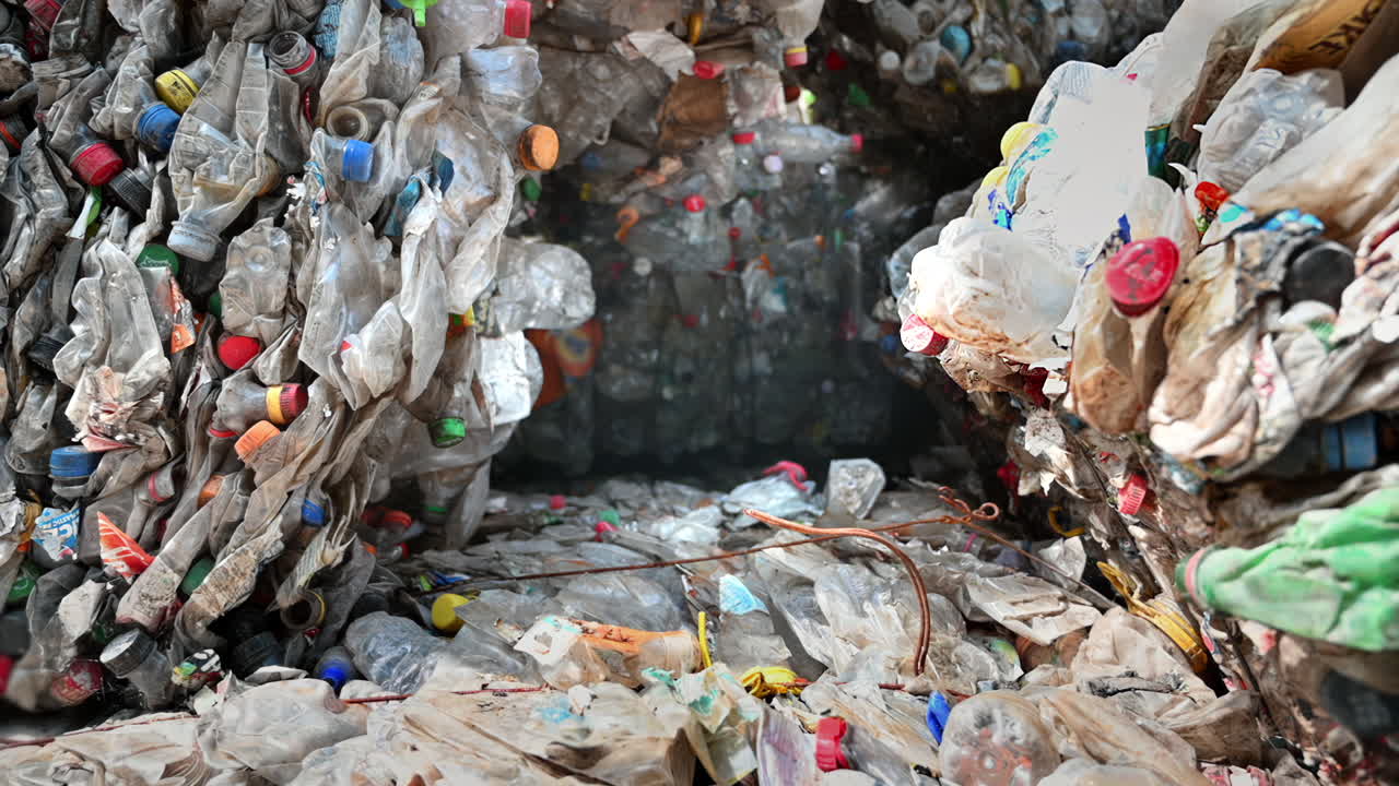 Multiple cubes of compressed transparent plastic garbage at waste recycling factory in open air. Slow motion