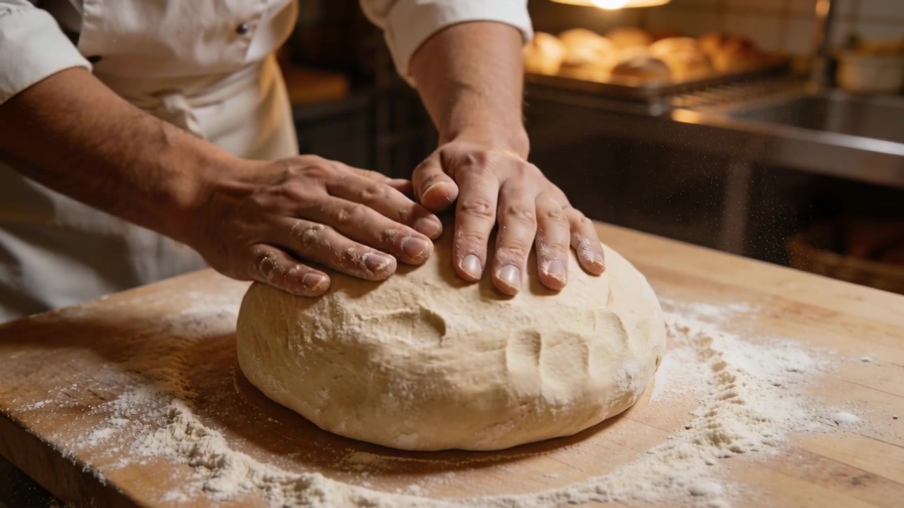 Shaping from resting palms, chef pressing smoothing dough on wood prep table in jacket, for baking