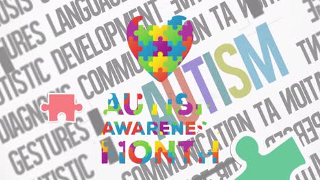 animación de piezas de rompecabezas coloridas que forman el corazón y texto del mes de concienciación sobre el autismo