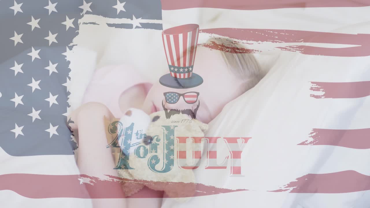 texto de independencia y bandera estadounidense ondeando contra chica caucásica durmiendo con su oso de peluche
