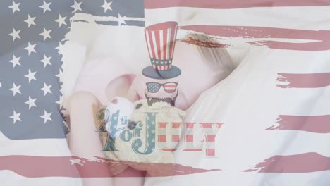 Independence-text-and-american-flag-waving-against-caucasian-girl-sleeping-with-her-teddy-bear