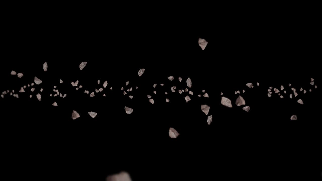 검은 바탕에 많은 바위 돌을 날아. 깨진 스플래시 폭발. 도전 개념. 돌 스플래쉬 회전의 3d 애니메이션. 루프 애니메이션.