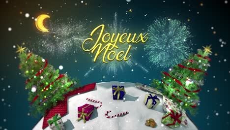 Charming-3D-motion-graphic-of-a-mini-snowy-world-spinning,-with-trees-popping-out-of-gifts-and-fireworks-bursting-in-a-snowy-night-sky-and-the-message-�Joyeux-Noel??