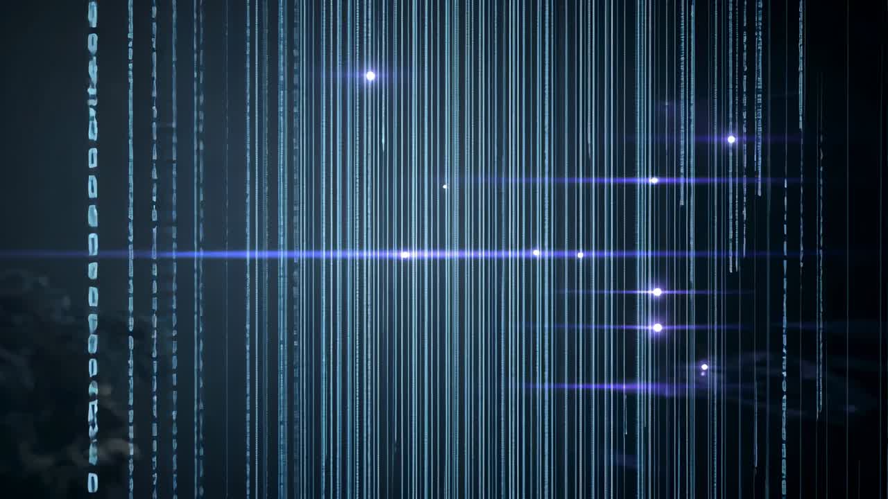 Lens flare appearing near center causing code streams cascading and flickering, with spark nodes