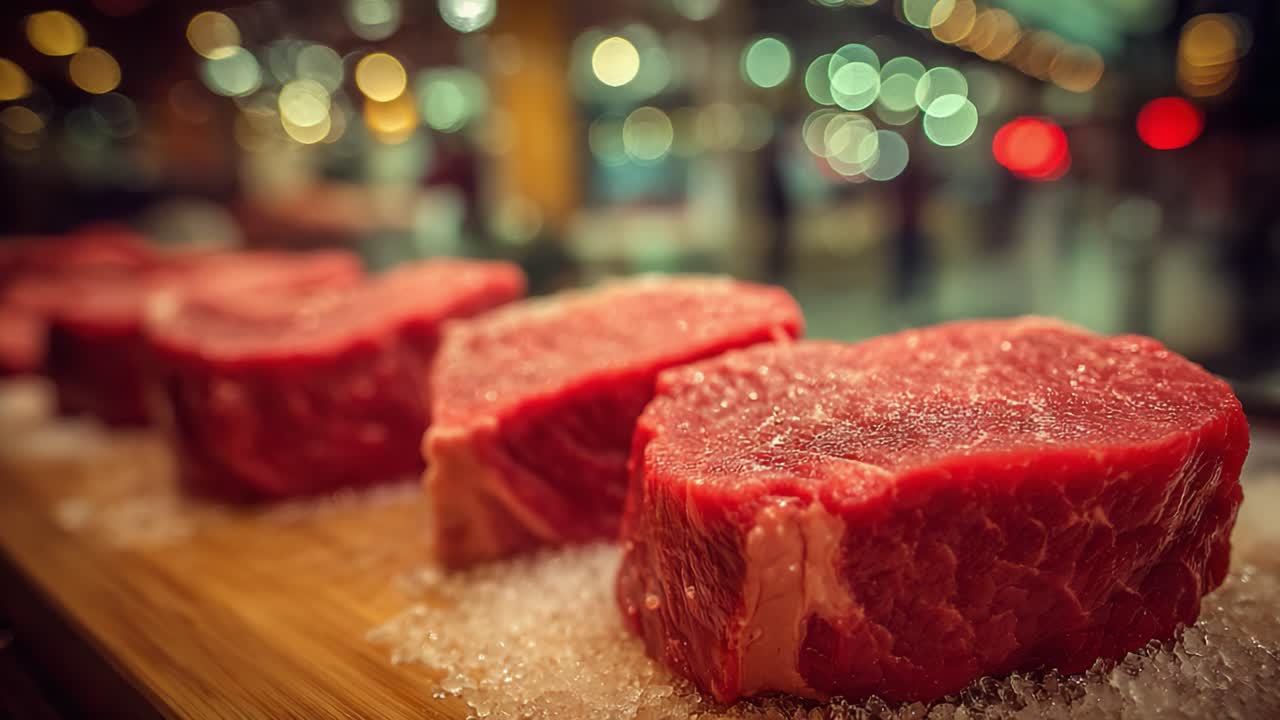 A Display of Fresh Steak Cuts on a Chilled Surface, Showcasing the Rich Color and Texture of Premium Beef Cuts in a Vibrant Market Setting