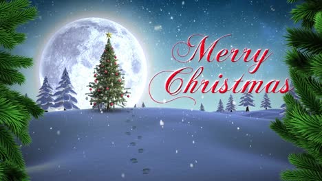 Tree-branches-and-merry-christmas-text-over-christmas-tree-on-winter-landscape-against-night-sky