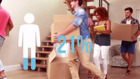animación del icono del hombre y el porcentaje en azul sobre una pareja diversa que se mueve con cajas de cartón
