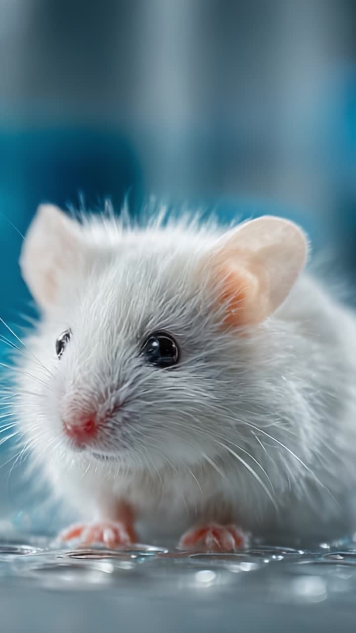 Uno sguardo ravvicinato a un topo bianco in un ambiente di laboratorio, che ne enfatizza la curiosità e le caratteristiche distintive su uno sfondo morbido e sfocato
