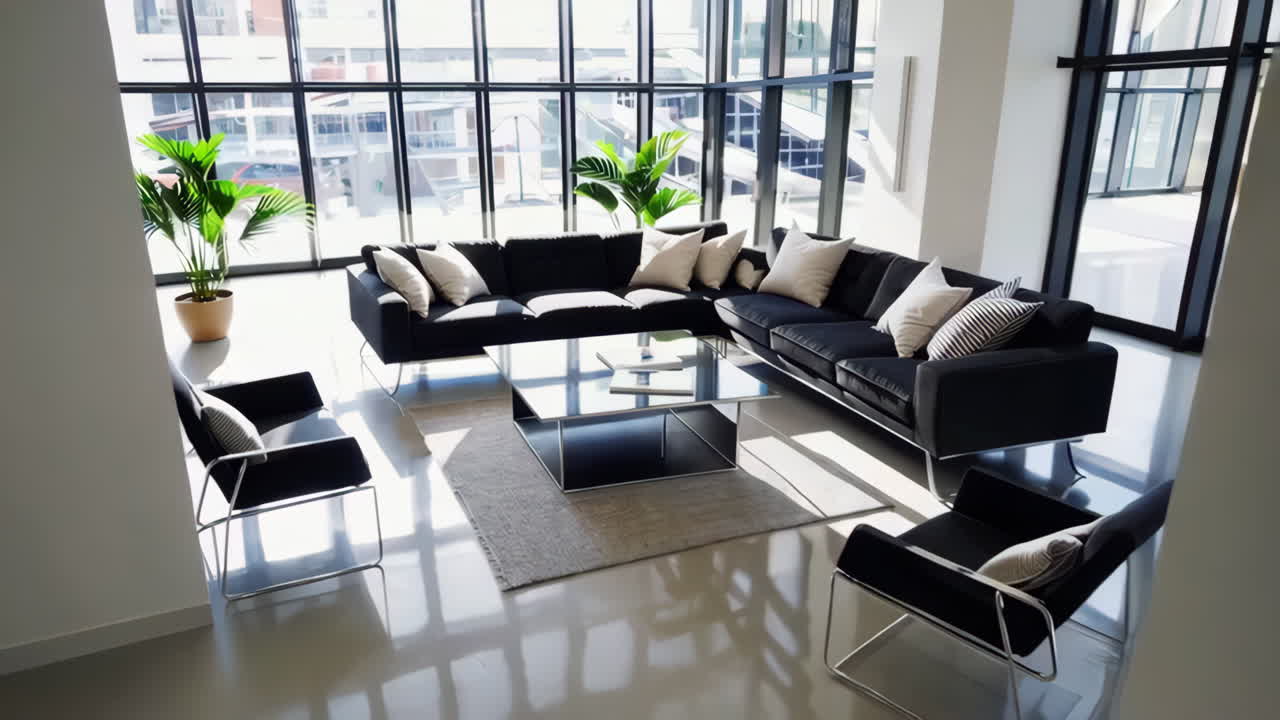 Modern and spacious living room with black sectional sofa and coffee table