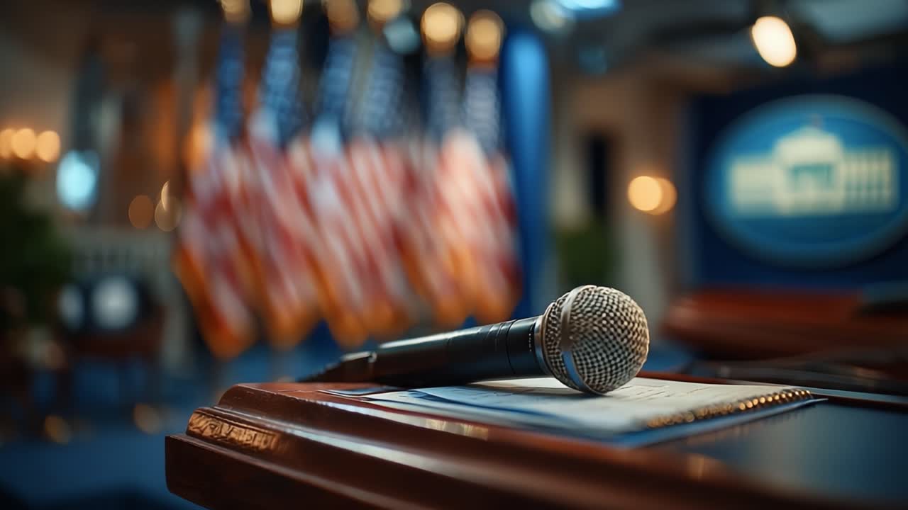 An Empty Podium With a Microphone and American Flags in the Background, Symbolizing a Press Conference Setting and Anticipation for Important Announcements or Briefings