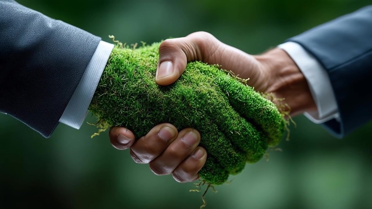 Primo piano di due professionisti che si stringono la mano, con una mano coperta di muschio verde.
