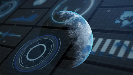 animación de la interfaz con el procesamiento de datos contra el globo giratorio en el espacio