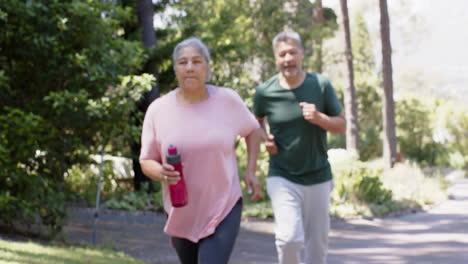 Happy-diverse-senior-couple-running-and-holding-water-bottle-in-sunny-outdoors