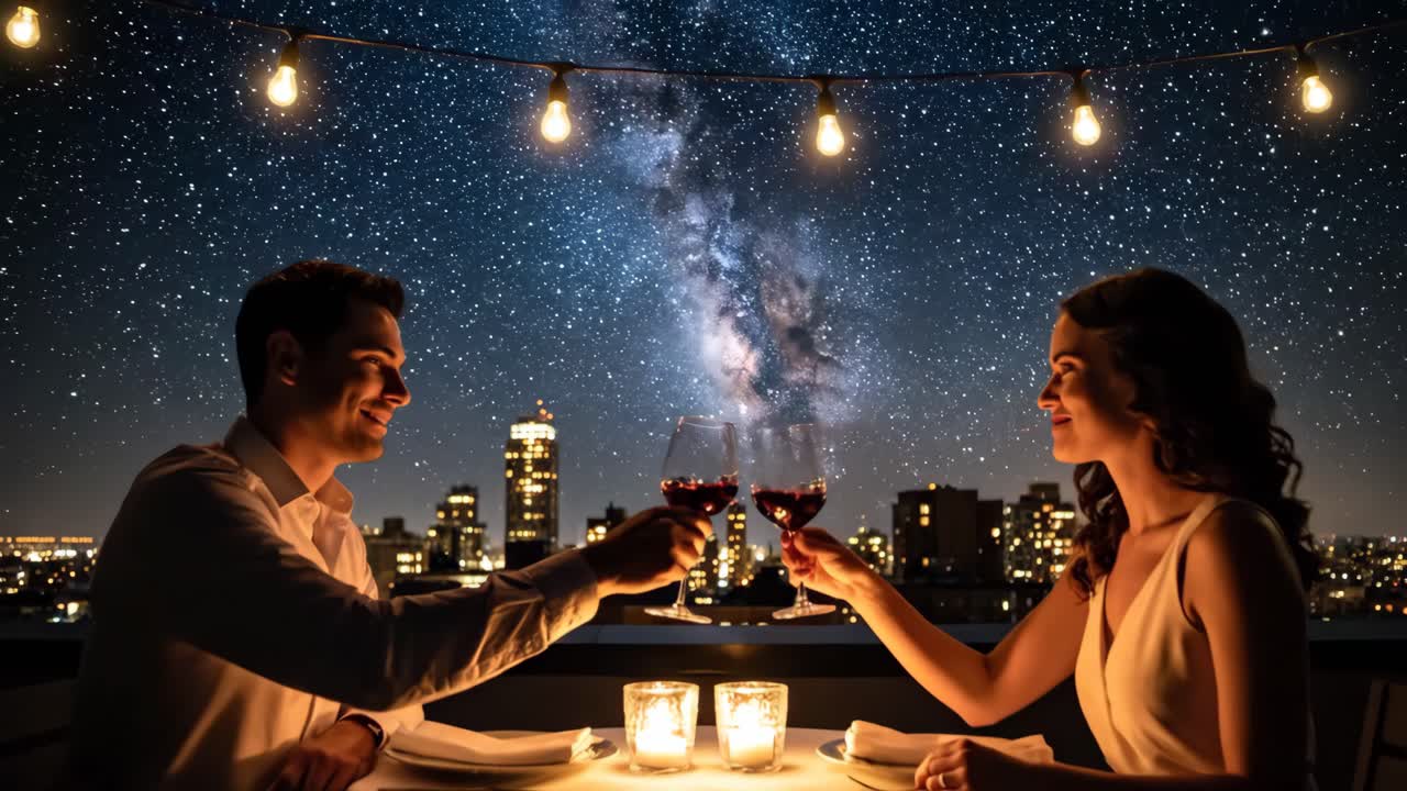 Cena romantica su un tetto sotto le stelle
