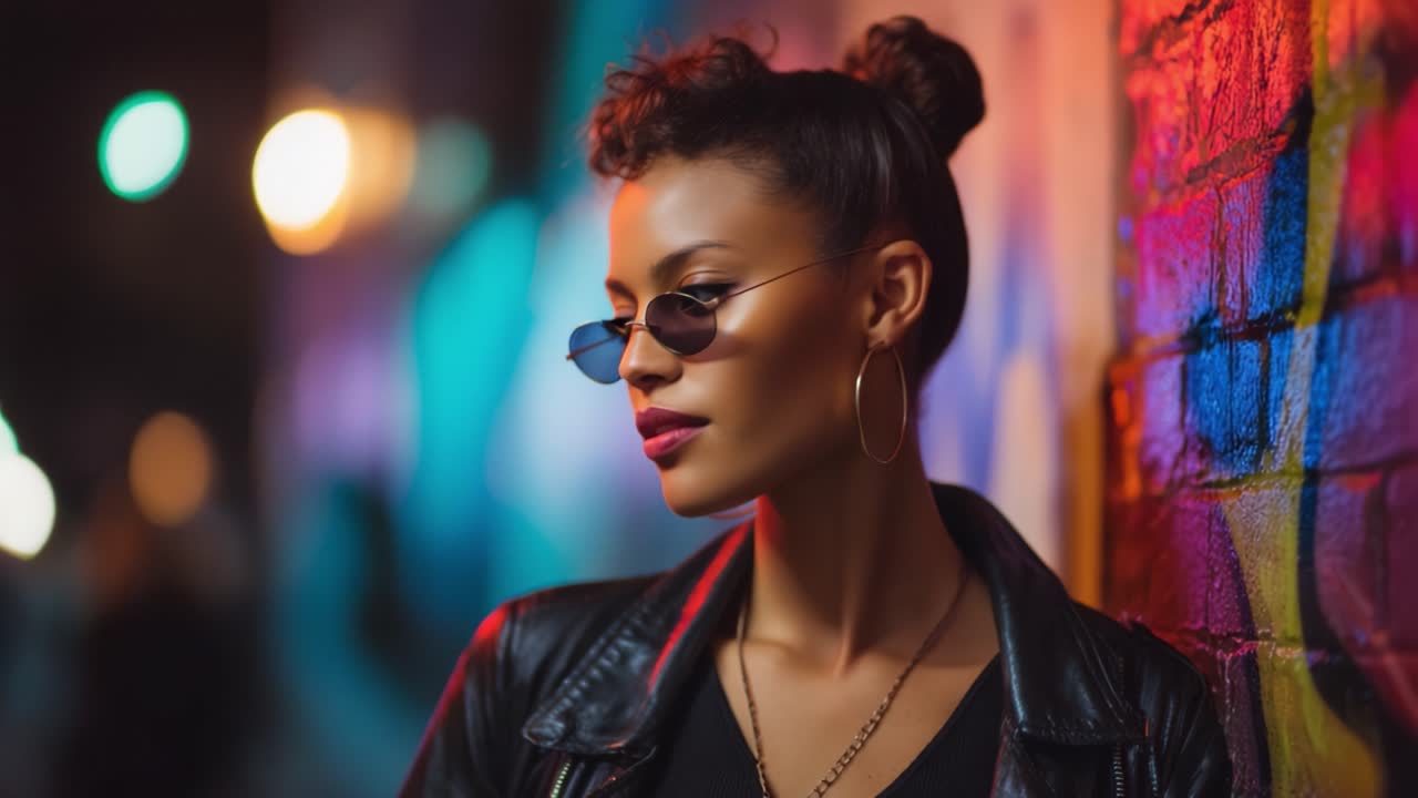 Stylish woman with sunglasses and leather jacket against a vibrant graffiti wall in an urban night setting, showcasing fashion and confidence in city life
