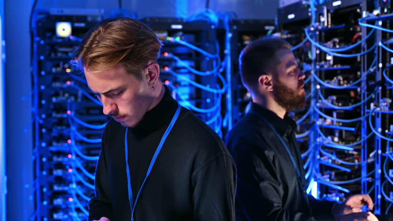 Two men managing data in a server room