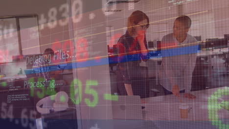 animation of financial data processing over diverse business people in office