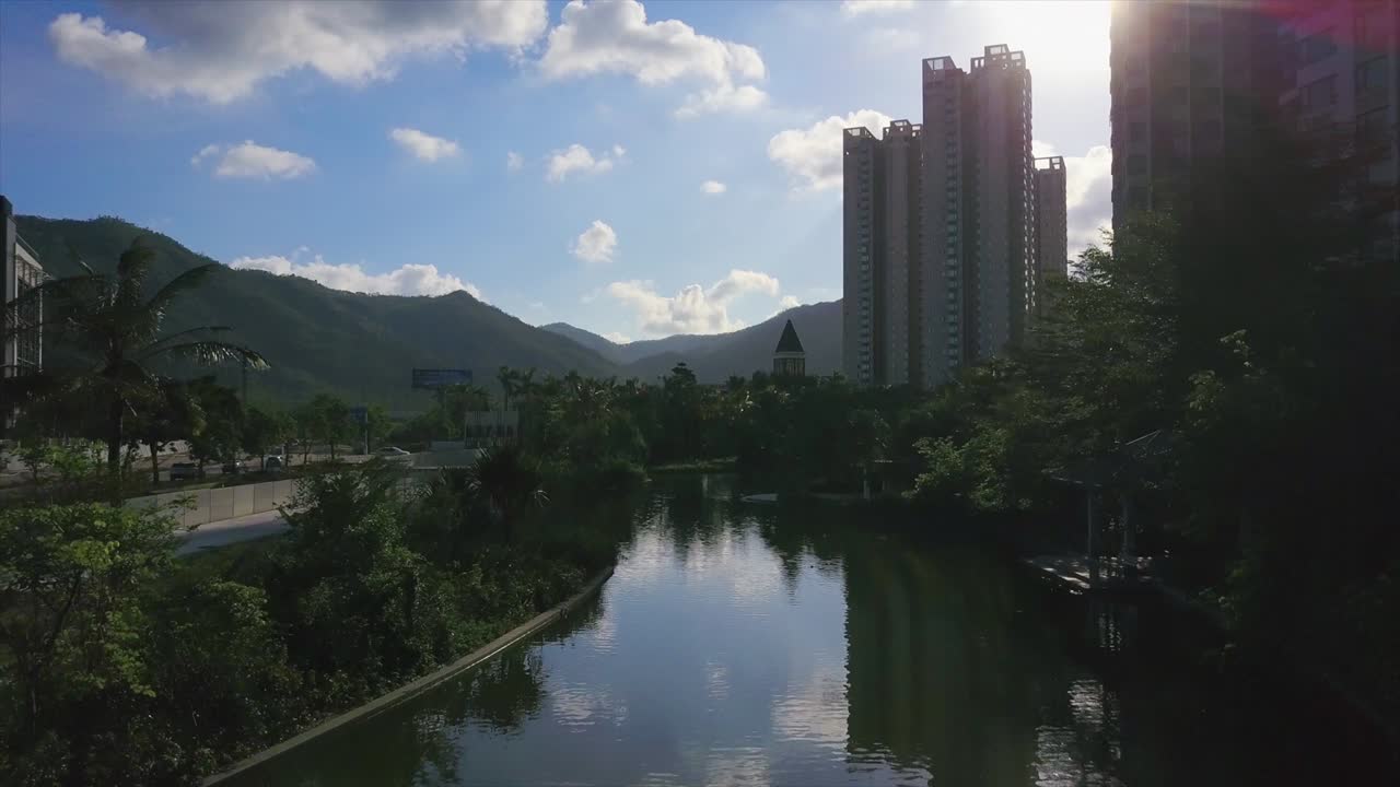 주하이 시 니 데이 리빙 아파트 블록 리버 레이크 에어리얼 파노라마 4k 중국