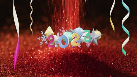 animation of 2023 text and christmas decorations in background