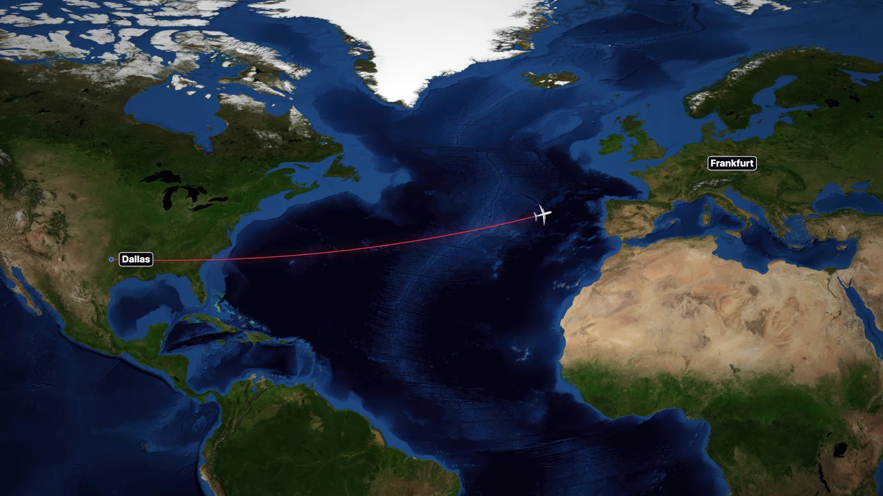 Satellite world map animation tracks a plane flying from Dallas to Frankfurt with red line